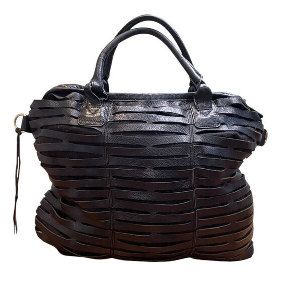 Charles Jourdan Black Leather Laser Cut Satchel Tote Handbag Purse - Picture 1 of 14